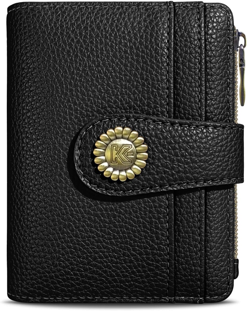 Kelvoris Small Rfid Women Wallet Bifold Zipper Coin Pocket PU Leather Compact Cash Credit Card Holder Travel Wallet for Female Ladies Teen Girls 1 ID Window 10 Card Slots Black - Image 1